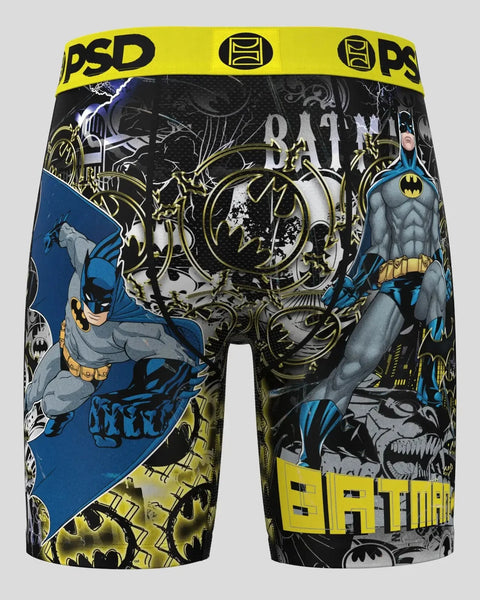 PSD brand boxer briefs with Batman character illustrations, yellow waistband, and 