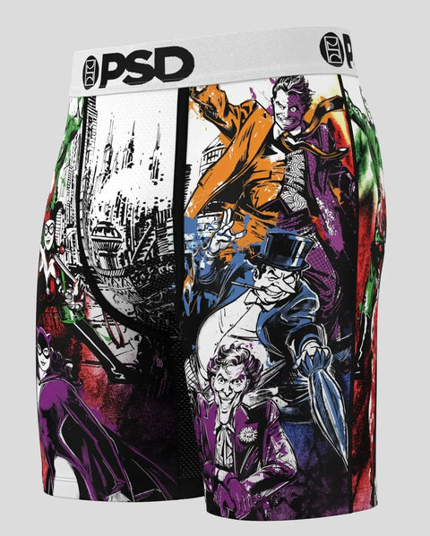 PSD men's boxer briefs featuring colorful DC Gotham villain characters and black cityscape graphics on white background.