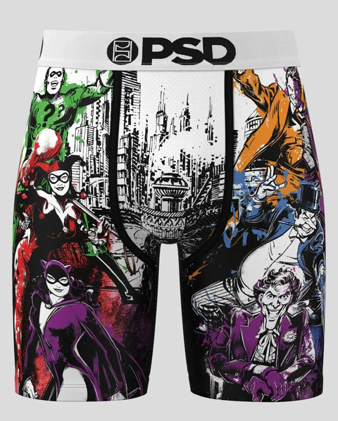 PSD boxer shorts featuring Gotham villains in colored comic art style with cityscape center panel.