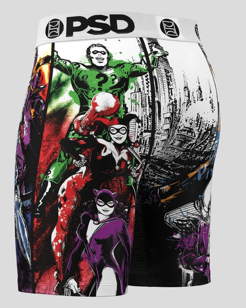 PSD boxer briefs with Gotham villains characters in green, red, and purple on white waistband.