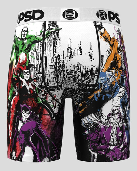 White boxer briefs with PSD waistband featuring DC Gotham villains in colored ink around legs and Gotham City skyline in cent