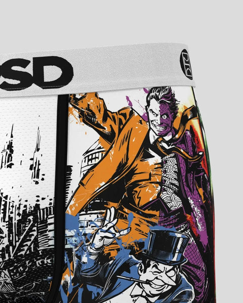 Comic book style artwork featuring Gotham villains in orange, purple, and blue with black ink on white fabric.