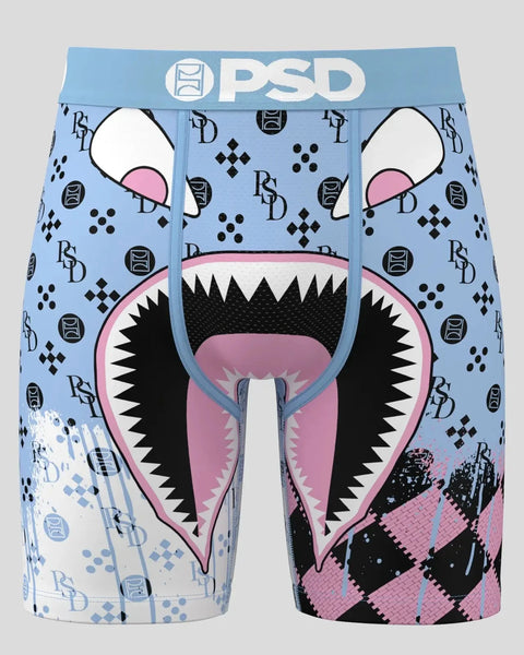 PSD underwear with blue background featuring cartoon monster face with pink mouth, black spiky teeth, and white eyes.
