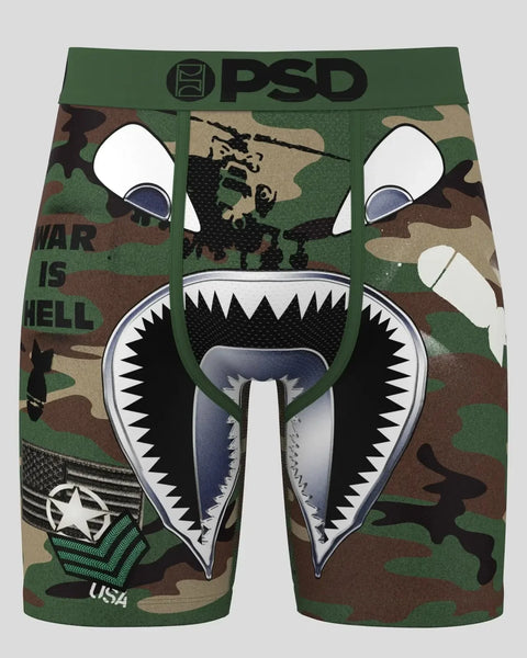 PSD Warface Bomber underwear with camouflage pattern, shark mouth graphic, and green waistband.