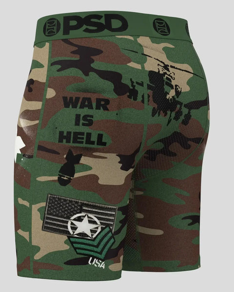 PSD boxer shorts with green, brown, and tan camouflage pattern, military graphics, and 