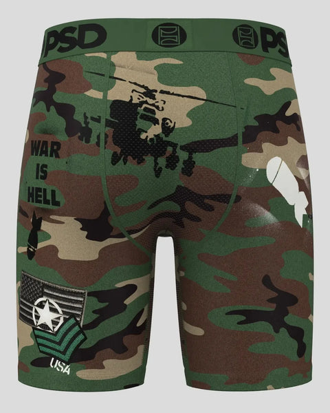 Green and brown camouflage boxer shorts with black helicopter graphic, 