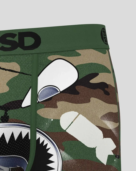 Green and brown camouflage boxer briefs with graphic design and 