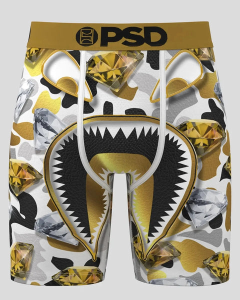 PSD Warface Gold boxer shorts with gold and silver geometric print, monster mouth graphic, and gold waistband.