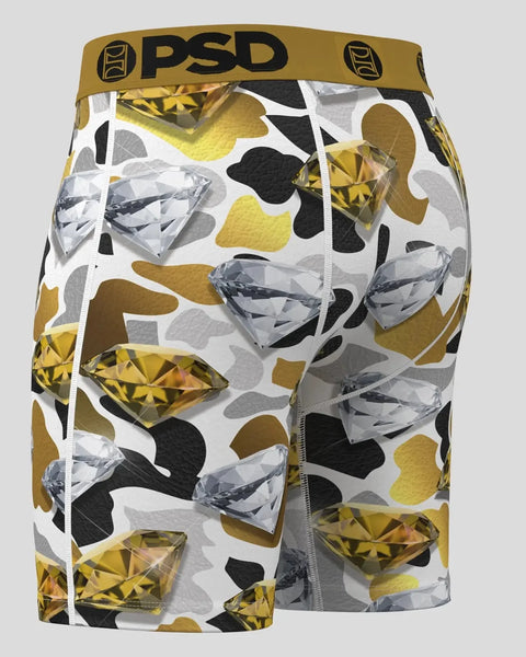 PSD brand athletic shorts with gold and silver diamond gemstone print on white background and gold waistband.