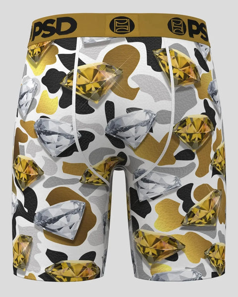 PSD Warface Gold boxer briefs with gold and clear gemstone print on white, black, and gray background.