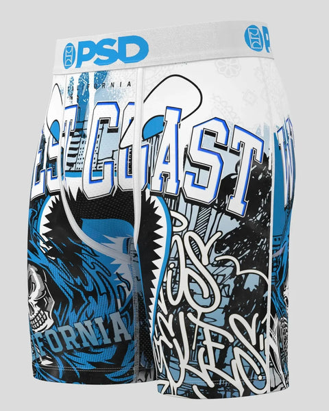White and blue PSD boxer briefs with large graphic text, shark and skull imagery, and 