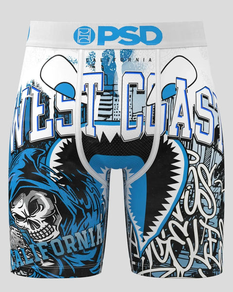 PSD men's underwear with blue and black graphic print featuring California text, skull design, and sharp teeth motif.