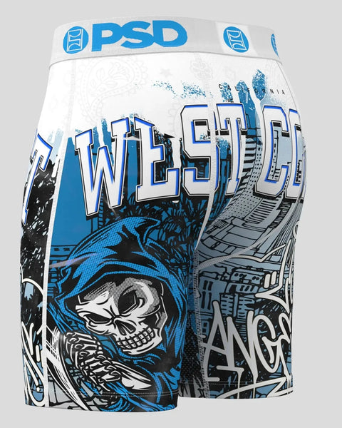 PSD boxer briefs with blue and white Warface West Coast graphic featuring skull imagery and urban design.