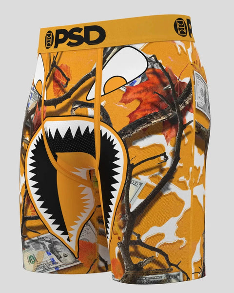 Orange PSD boxer briefs with shark mouth graphic, pumpkin and autumn leaf patterns, and money bill details.