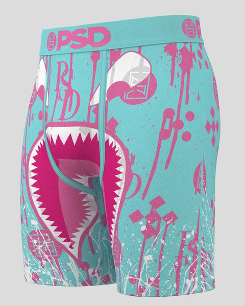 Turquoise and pink PSD boxer briefs with large mouth graphic, splatter pattern, and fly front opening.