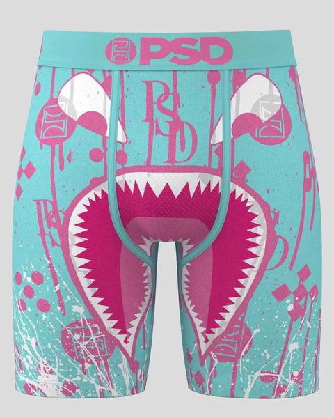 Turquoise and pink boxer briefs with monster face graphic, PSD waistband, and distressed print design.