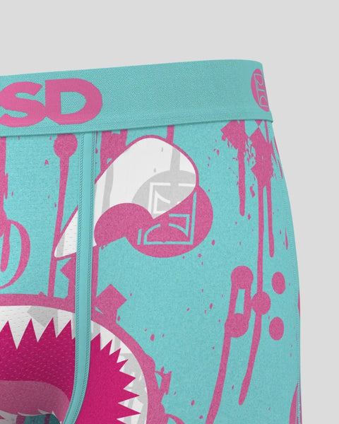 Turquoise and hot pink underwear with graphic monster design and 