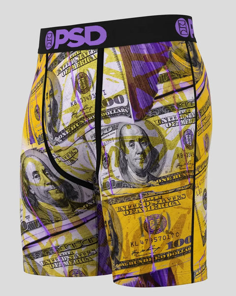 PSD boxer briefs with all-over yellow and purple U.S. dollar bill print and black waistband.
