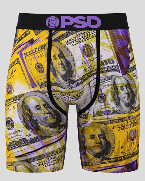 PSD boxer briefs with yellow and purple dollar bill print featuring portrait medallions and currency text.