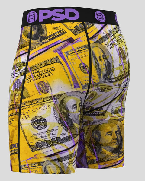 PSD boxer briefs with yellow and purple dollar bill print, black waistband with PSD logo.