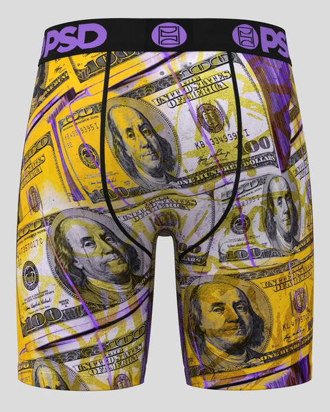 Men's boxer briefs with hundred dollar bill pattern in yellow and purple, black waistband with PSD branding.