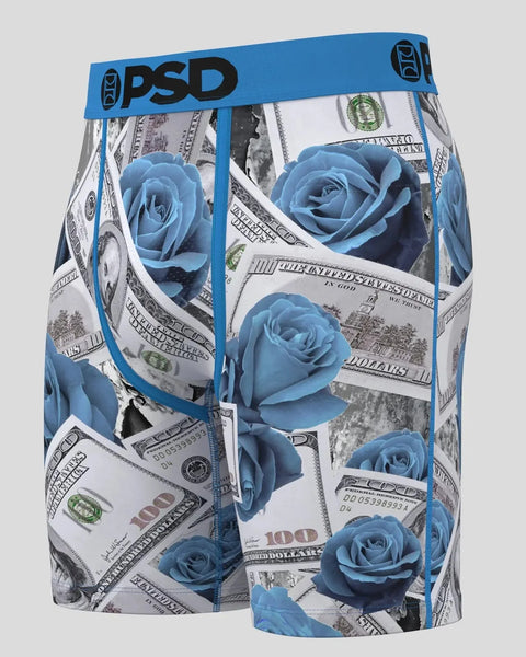PSD boxer briefs with blue rose and dollar bill print, blue waistband with logo.