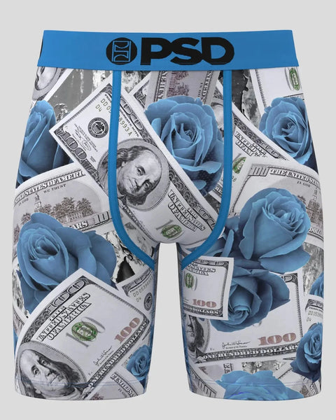 PSD boxer briefs with blue waistband featuring blue roses and $100 bills pattern.