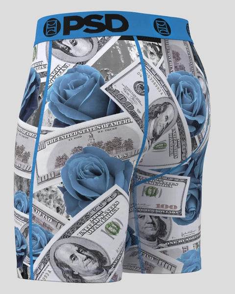 PSD brand boxer briefs with blue rose and dollar bill pattern, blue waistband with logo.