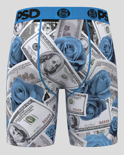 Men's boxer briefs with blue waistband featuring blue roses and dollar bill pattern throughout.