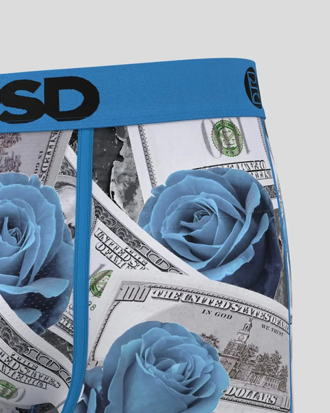 Blue roses and dollar bill pattern on white fabric with blue elastic waistband.