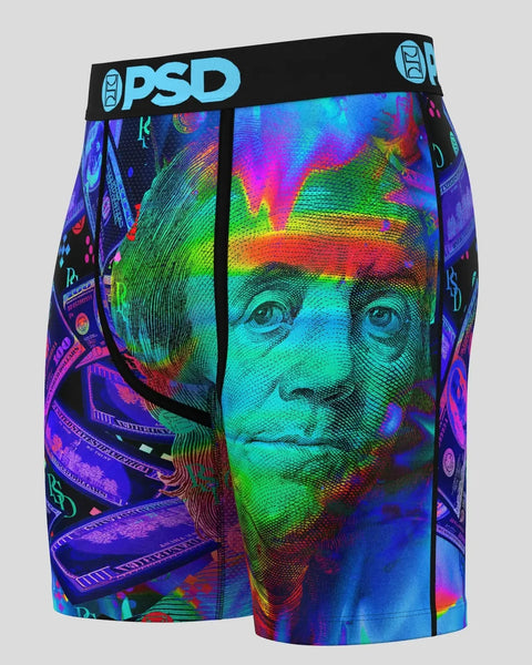 PSD boxer briefs with vibrant multicolor heat map design featuring portrait and currency imagery on black waistband.