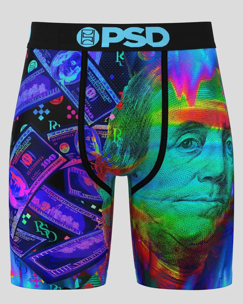 PSD boxer briefs with black waistband featuring vibrant multicolor heat vision graphics and currency imagery throughout.