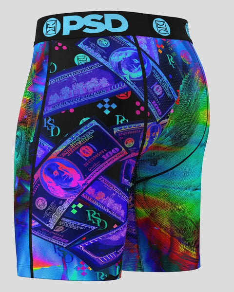 PSD Heat Vision boxer shorts with neon thermal-effect print of currency and geometric patterns on black background.