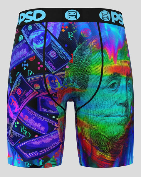 PSD brand boxer shorts with vibrant multicolored heat vision graphic print featuring currency and portrait imagery on black w