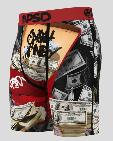 Red and black PSD stash box with dollar bill print, elastic closure band, and tan pouch insert.