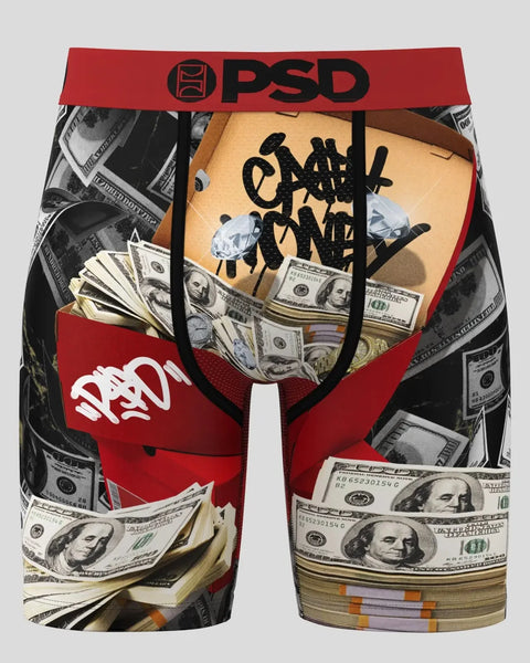 Red and black PSD boxer briefs with cash and money bag print design.