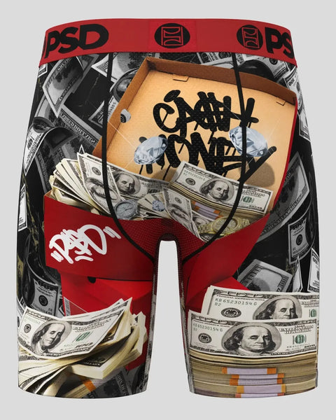 Red and black PSD boxer briefs with cash money print, tan stash box pocket on front waistband.