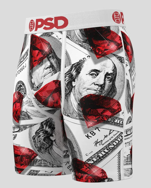 PSD boxer briefs with red and white dollar bill print and white waistband.