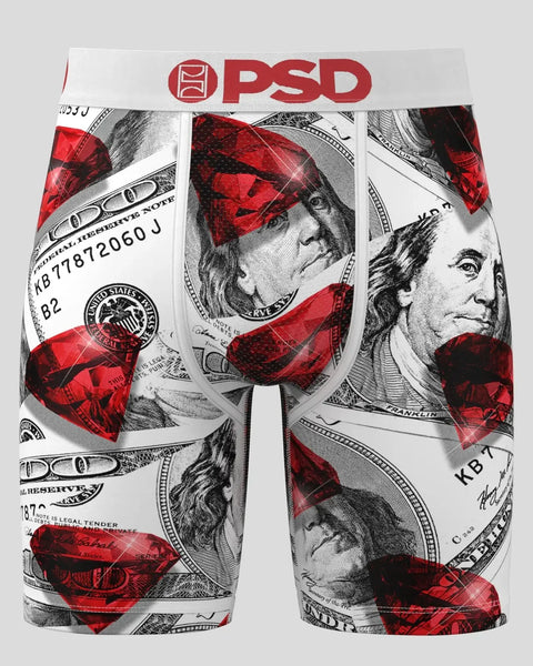 PSD boxer briefs with red and black dollar bill print and white waistband featuring PSD logo.