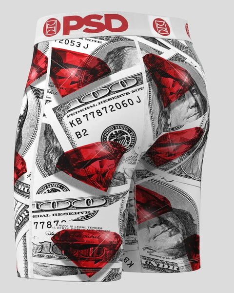 PSD boxer briefs with white waistband featuring US currency and red lip print pattern throughout.
