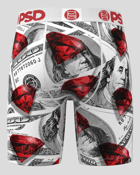 PSD boxer briefs with red and black dollar bill print design and white waistband.