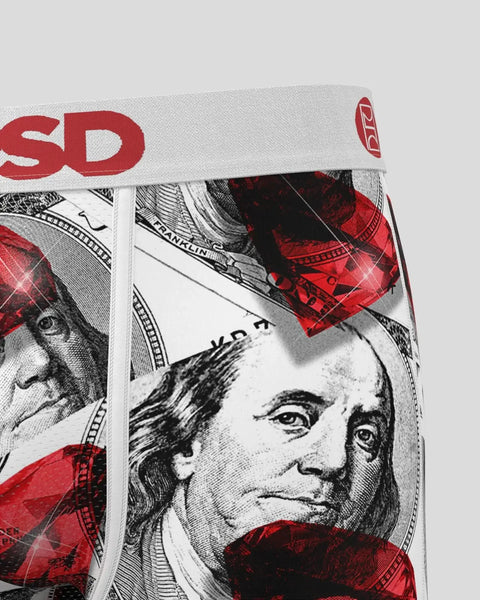 Men's underwear with red and white waistband featuring black and white currency imagery with red accents.