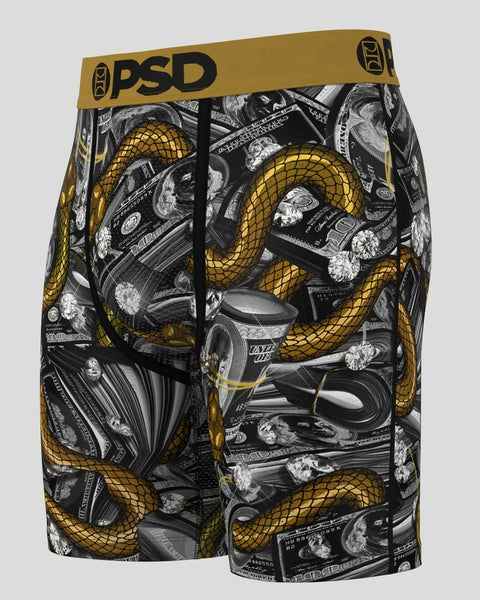 PSD boxer briefs with gold and black snakes, skulls, and money motifs with gold waistband.