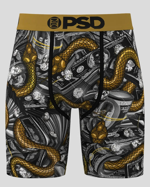 PSD boxer briefs with gold snakes, black and white money imagery, and gold waistband.