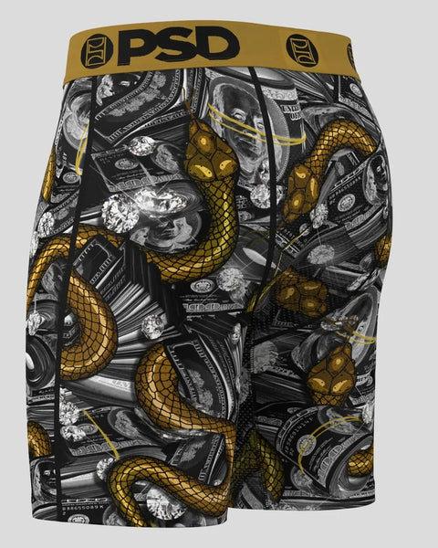 PSD boxer briefs with gold waistband featuring black and white snake and money graphic pattern.