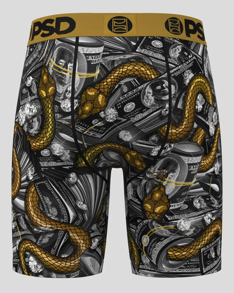Black and gold PSD boxer briefs with mamba snake, money, and skull graphics throughout.