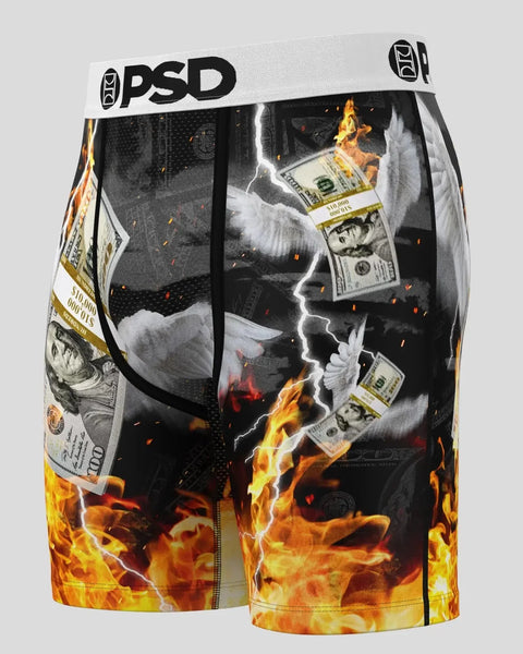 PSD boxer briefs with graphic print featuring dollar bills, flames, lightning, and flying birds on black background.