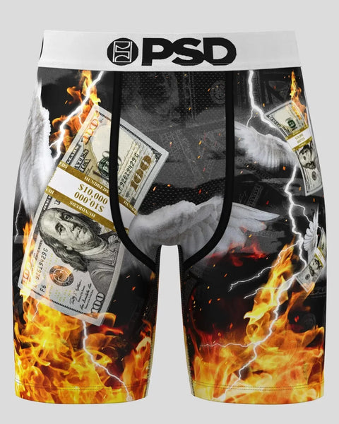 Black PSD boxer briefs with dollar bills, flames, and lightning bolt graphics throughout.