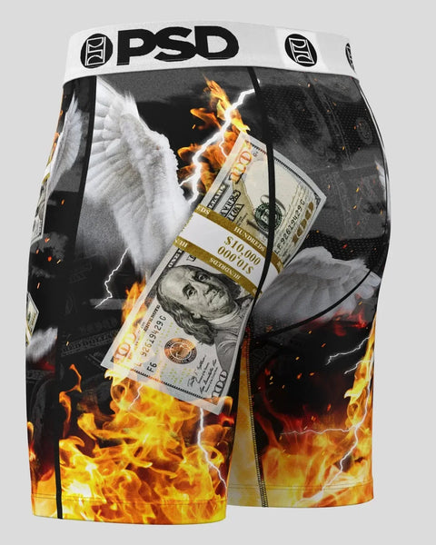 PSD brand shorts with fire and lightning graphics around burning hundred dollar bills on black background.