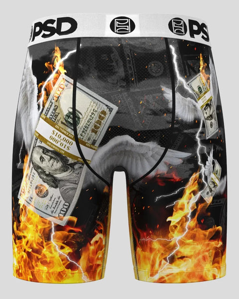 Black PSD boxer briefs with hundred dollar bills and flames graphic print.